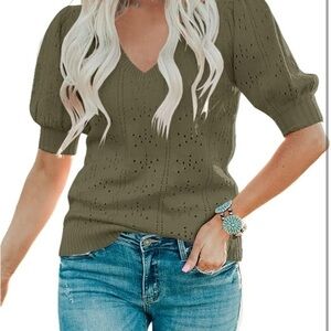Women's Puff Short Sleeve Seaters Tops Olive Green Knit V-Neck Dot Pullover M